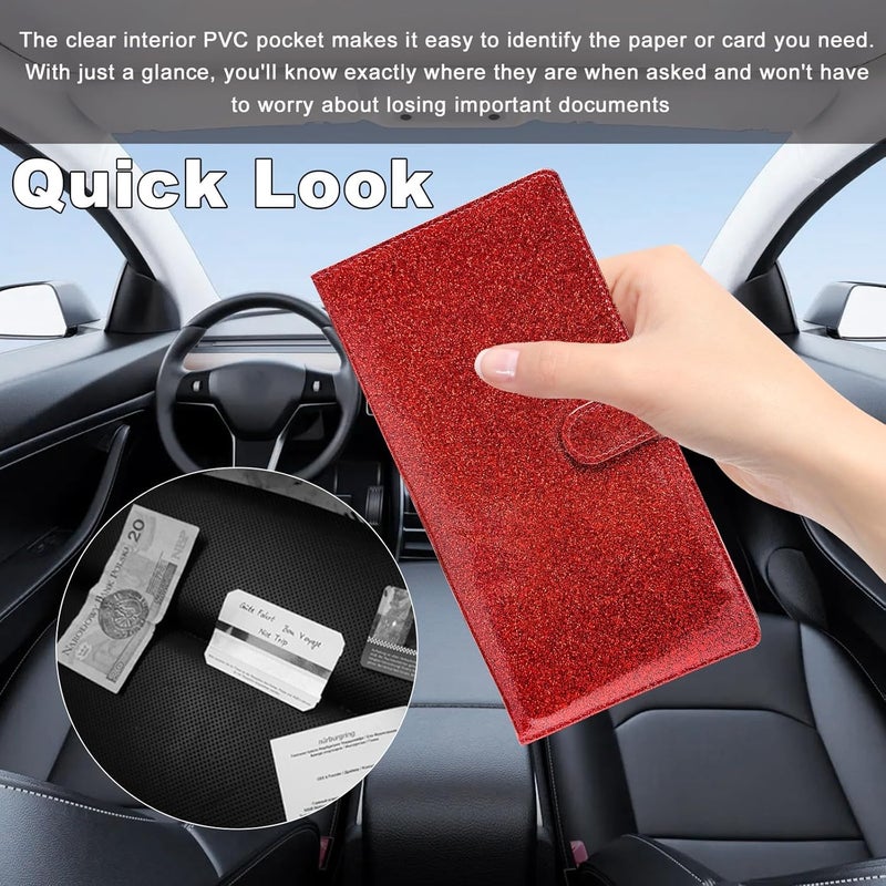 Wevdn Car Registration and Insurance Holder, PU Leather Vehicle Glove Box Organizer with Magnetic Shut, Wallet Case for Insurance Card Driver License Document, Car Accessories (Red, Glossy) - Image 4